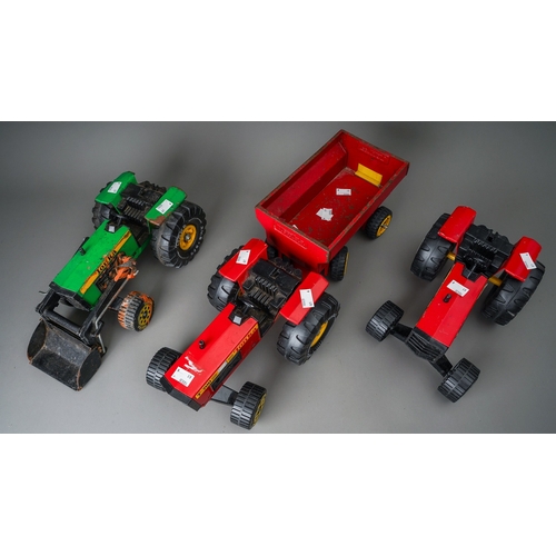 93 - Tonka Toys.  3 large scale tractors (2 red, 1 green) plus a red trailer (4)