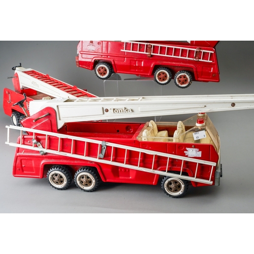 115 - Tonka Toys.  Three large size 6 wheel fire engines, some missing small parts (3)