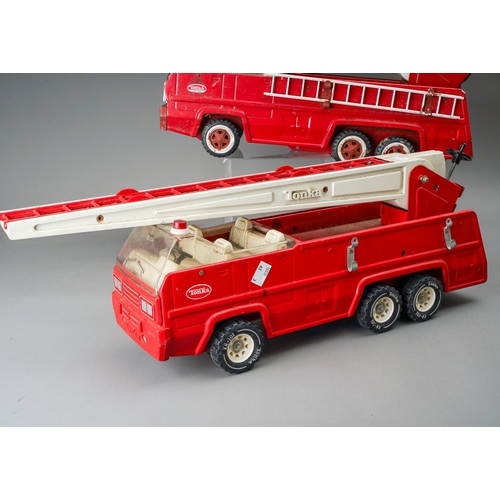 115 - Tonka Toys.  Three large size 6 wheel fire engines, some missing small parts (3)