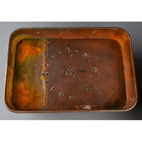 137 - A pair of early 20th Century rectangular copper warming pans / entree dishes, with pierced grilles o... 