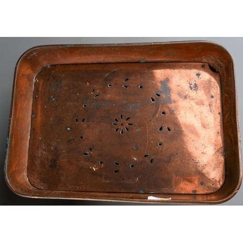 137 - A pair of early 20th Century rectangular copper warming pans / entree dishes, with pierced grilles o... 