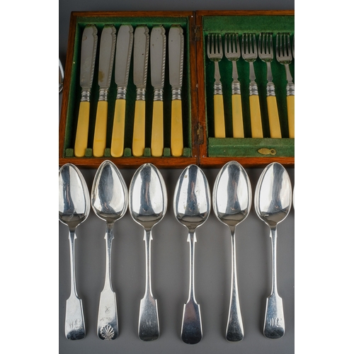 140 - A cased set of six EPNS fish knives and forks together with a collection of miscellaneous silver pla... 