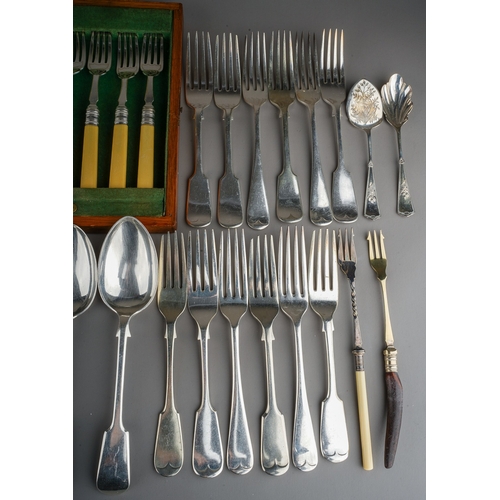 140 - A cased set of six EPNS fish knives and forks together with a collection of miscellaneous silver pla... 