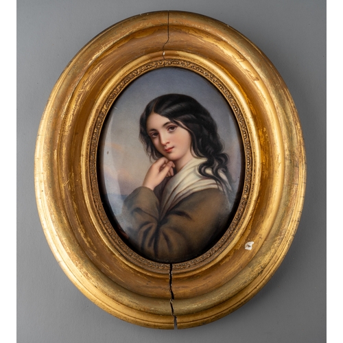 163 - A 19th century hand painted KPM Berlin porcelain plaque in original gilt frame, depicting a pensive ... 