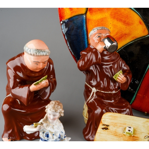 170 - A group of four Bretby style gambling monks with their table applied with cards, beer jugs and count... 