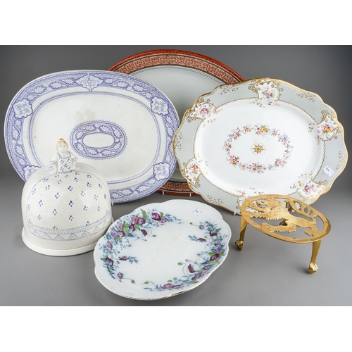 174 - Four large meat plates, lion kettle stand and Crown Devon cheese dish (6)