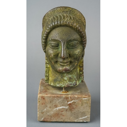 187 - An early bronze head of Athena, of classical Roman design, on later marble plinth, approx 12.5cm hig... 