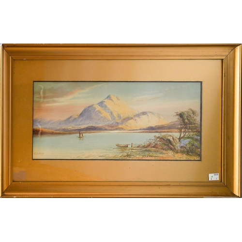 202 - E M Earp (early 20th Century)
Loch view
watercolour laid on board, 18.5 x 44cm 
signed lower left, f... 