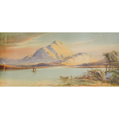 202 - E M Earp (early 20th Century)
Loch view
watercolour laid on board, 18.5 x 44cm 
signed lower left, f... 