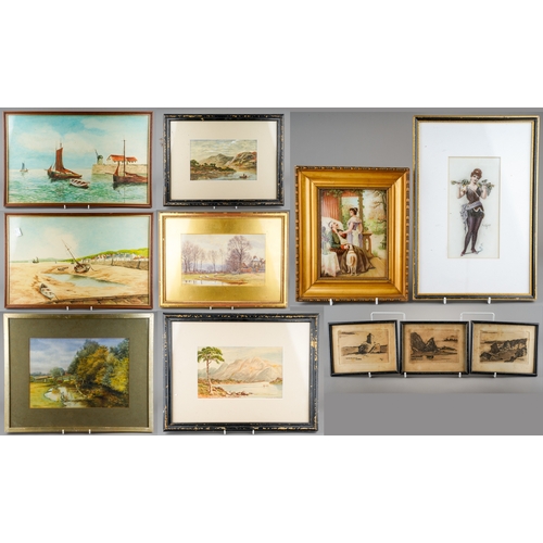 214 - A collection of watercolours and prints to include: Gummock Water Cumberland, w/c, signed by Elizabe... 