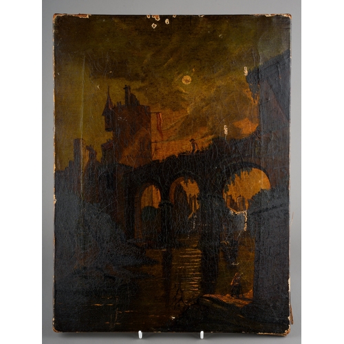 215 - Three various oil on canvas to include: A Griffiths, Night scene with figures at bridge, o/c, 20 x 3... 