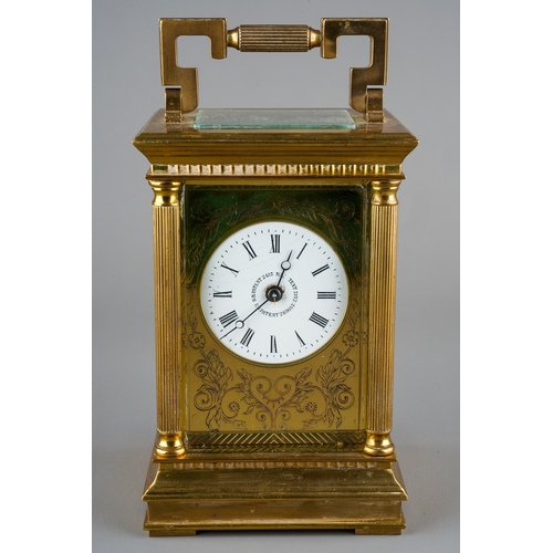 231 - An ormolu mounted four glass carriage clock, circular enamel dial with Roman Numerals and numbered D... 