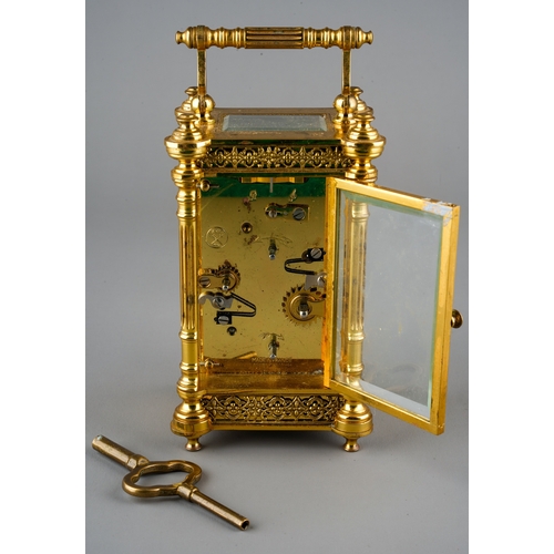 232 - A French gilt brass carriage clock, white dial with Roman numerals and Arabic dial, with subsidiary ... 