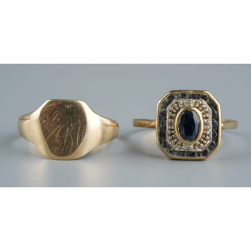 21 - A 9ct yellow gold signet ring, size Q1/2, gross weight approx 2.1g; a 9ct yellow gold and sapphire d... 