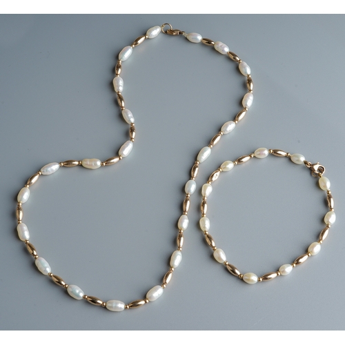 22 - A 9ct gold and pearl necklace and bracelet, set with alternate pearls and gold coloured beads, the c... 