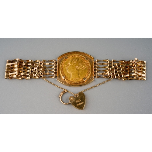 38 - A Victorian gold full sovereign date 1873 mounted on gate-link bracelet, total gross weight approx 1... 