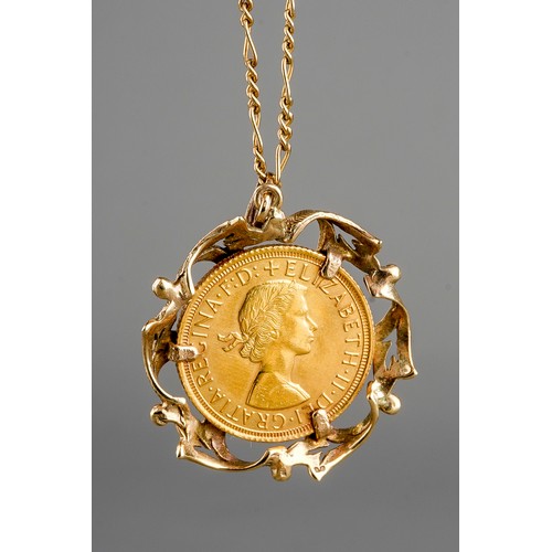 39 - A 1966 sovereign mounted in a pendant on chain, total gross weight approx 15.6g