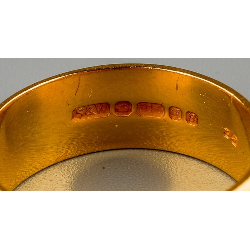 43 - A 22ct gold wedding band, size O, stamped '916', approx 9.7g; a 9ct gold signet ring, size V1/2, app... 