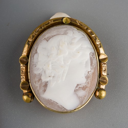 46 - A late Victorian oval cameo brooch, carved depicting the profile of a classical figure, set in a yel... 