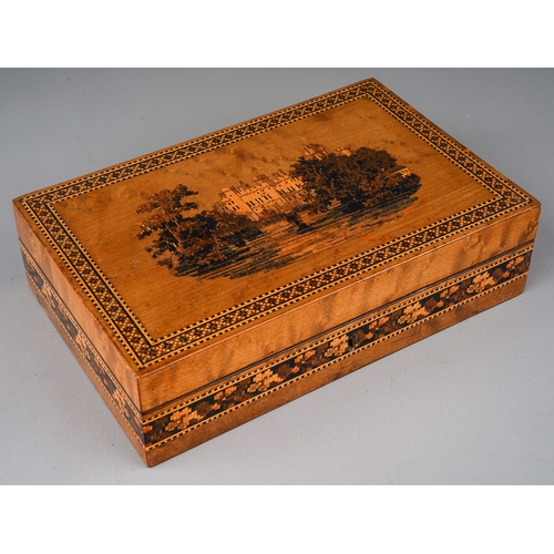 64 - Tunbridge ware castle top jewellery box, interior velvet lined for rings and jewellery. The top deco... 