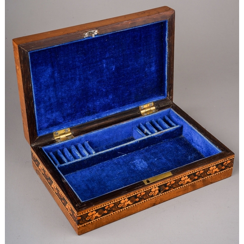 64 - Tunbridge ware castle top jewellery box, interior velvet lined for rings and jewellery. The top deco... 