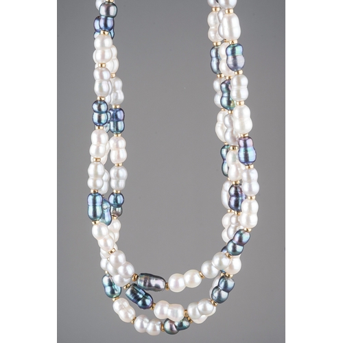 65 - Cultured Pearl Necklace with clasp marked 14K. Twin pearls in three colours, white, pink and blue