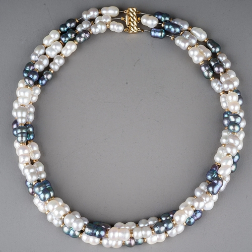 65 - Cultured Pearl Necklace with clasp marked 14K. Twin pearls in three colours, white, pink and blue