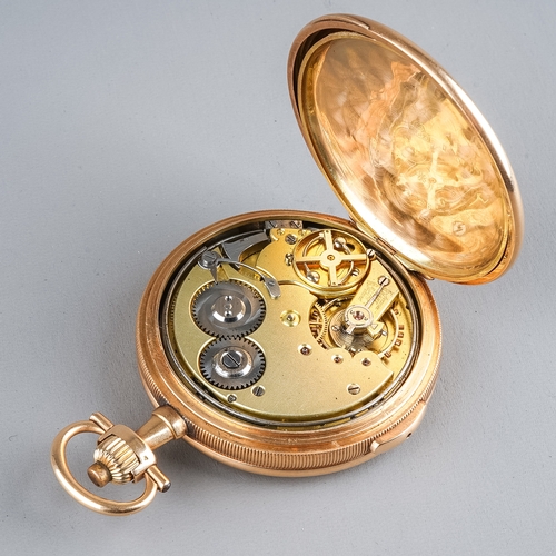 73 - A 14k yellow gold Audemars Frères full hunter repeater pocket watch, 42mm white enamel dial with Ara... 