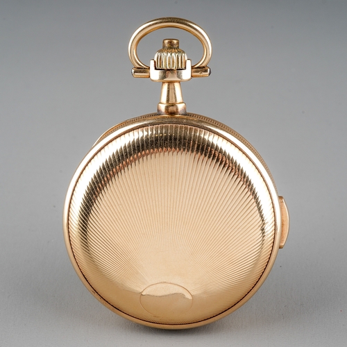 73 - A 14k yellow gold Audemars Frères full hunter repeater pocket watch, 42mm white enamel dial with Ara... 