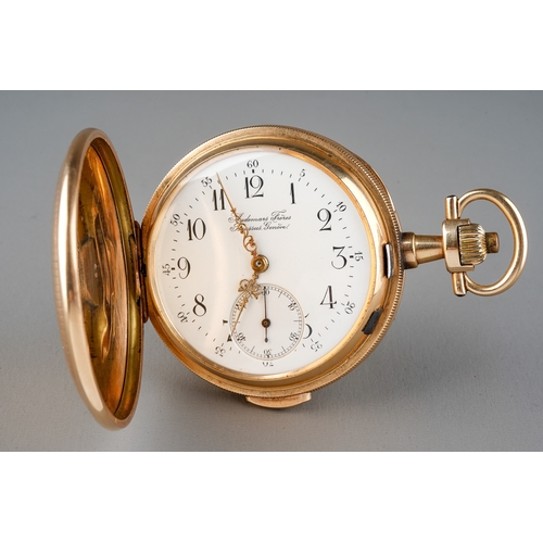 73 - A 14k yellow gold Audemars Frères full hunter repeater pocket watch, 42mm white enamel dial with Ara... 