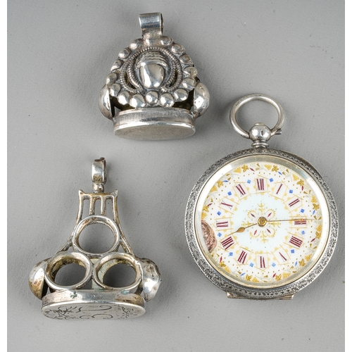 201 - A collection of silver to include: 935 standard open faced pocket watch, white enamel dial with Roma... 