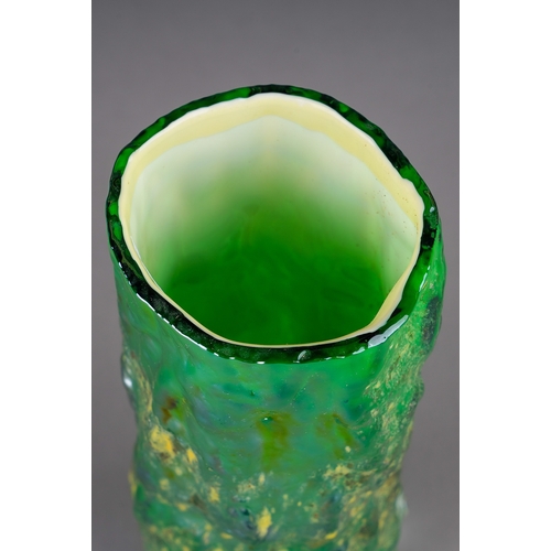 98 - A green lustre glass textured bark vase in the manner of Geoffrey Baxter for Whitefriars, approx 17c... 