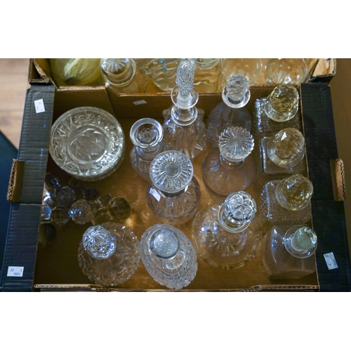 100 - Assorted collection of moulded and cut glass to include: decanters, dishes, glasses, condiments, vas... 