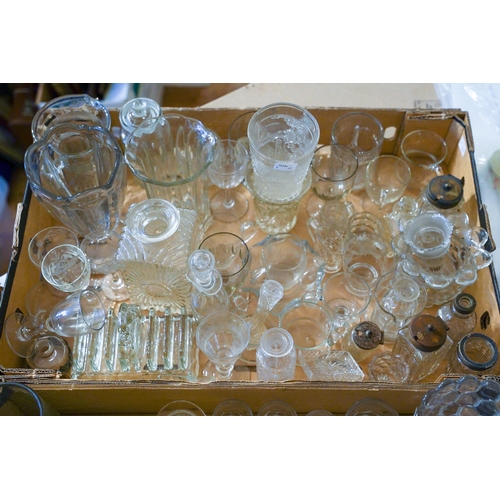 100 - Assorted collection of moulded and cut glass to include: decanters, dishes, glasses, condiments, vas... 