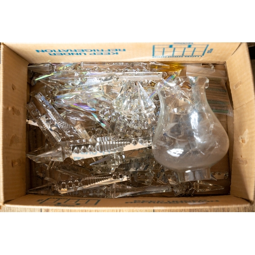 145 - Assorted glass chandelier and gas light pieces together with a box of glass chandelier and light dro... 