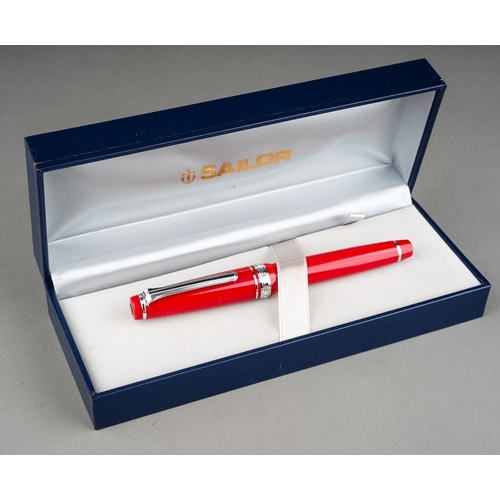 359 - A group of three Japanese Sailor fountain pens in yellow, purple or red, all with 14k white or yello... 