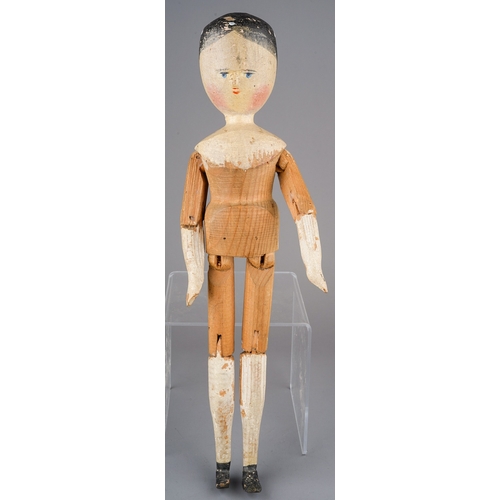 353 - Circa 1870 peg doll, no clothing, hand painted face, hands and legs, articulated limbs. Aprrox 38 cm... 