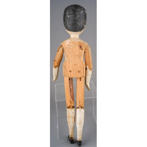 353 - Circa 1870 peg doll, no clothing, hand painted face, hands and legs, articulated limbs. Aprrox 38 cm... 