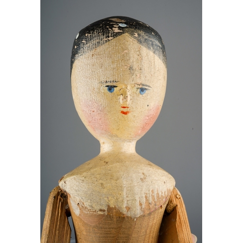 353 - Circa 1870 peg doll, no clothing, hand painted face, hands and legs, articulated limbs. Aprrox 38 cm... 