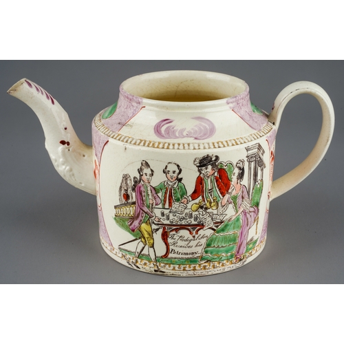 475 - A late 18th Century William Greatbatch creamware teapot, circa 1770-1782, cylindrical with C shaped ... 