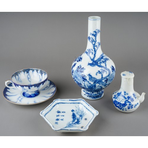480 - A collection of Japanese and Chinese blue and white porcelain to include: blue and white vase / bott...