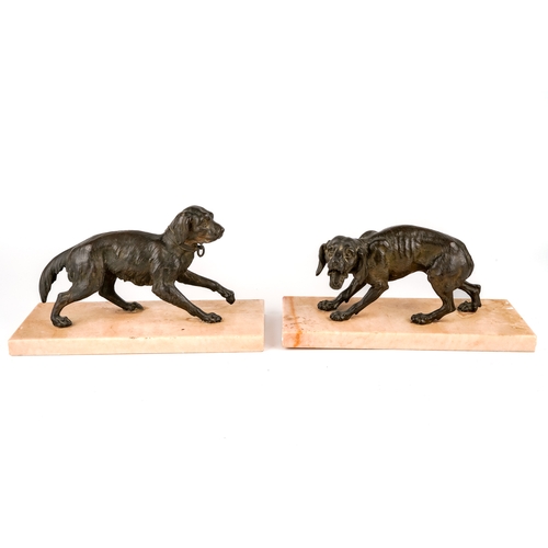 532 - Pair of antique animalier bronze dogs on marble bases, circa 1890s, bases measure 28 x 12 cm