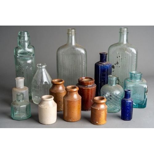 603 - Assorted vintage stoneware bottles, jars and glass cob, medicine bottles etc (1 box) 

NOTE: This lo... 