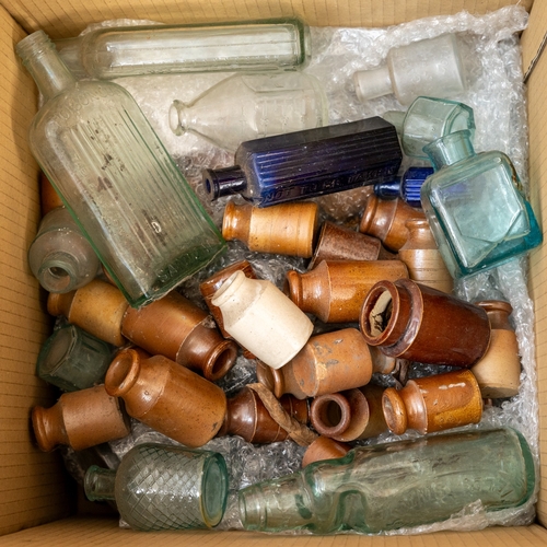 603 - Assorted vintage stoneware bottles, jars and glass cob, medicine bottles etc (1 box) 

NOTE: This lo... 