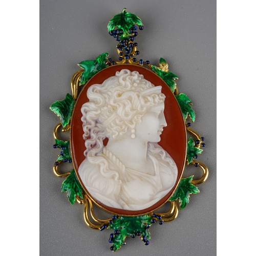 An 18ct yellow gold cameo pendant, the oval cameo carved depicting a lady, within an enamelled fruiting vine border and conforming bale, hallmarked London 1974, approx 6.5cm x 4cm, total gross weight approx 19.2g