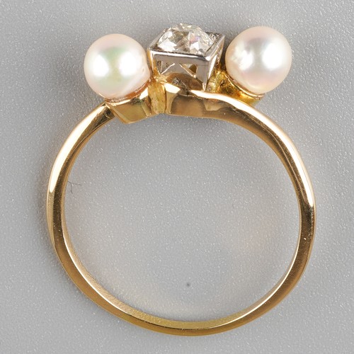 55 - A yellow gold diamond and pearl three-stone ring, set with an old-cut diamond in a square mount, fla... 