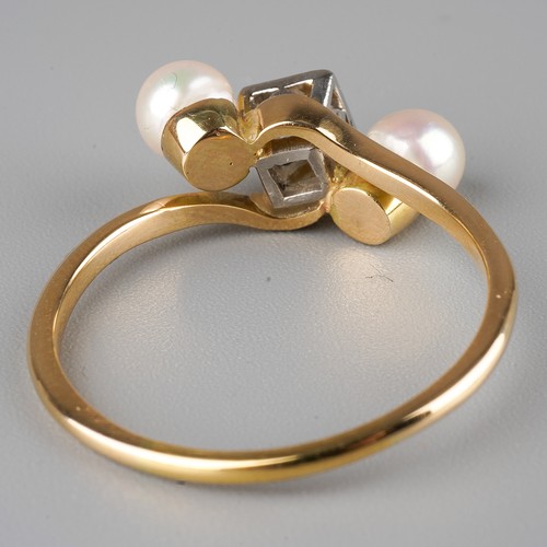 55 - A yellow gold diamond and pearl three-stone ring, set with an old-cut diamond in a square mount, fla... 