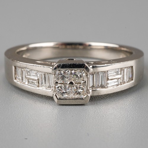 58 - A platinum and diamond ring, set with four princess-cut diamonds in a square setting, baguette-cut d... 