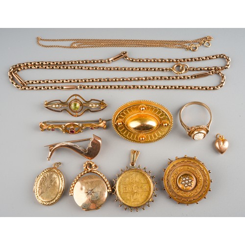 66 - A group of gold jewellery, including 9ct gold lockets, Victorian brooch, Edwardian peridot and seed ... 