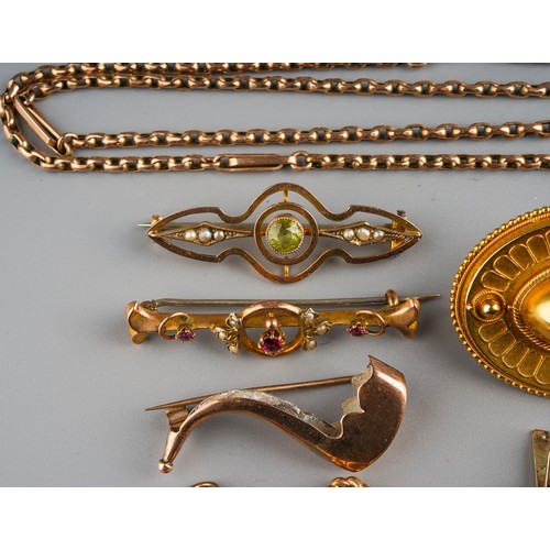 66 - A group of gold jewellery, including 9ct gold lockets, Victorian brooch, Edwardian peridot and seed ... 